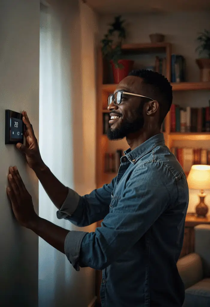 Smiling man adjusting a smart thermostat on a wall.