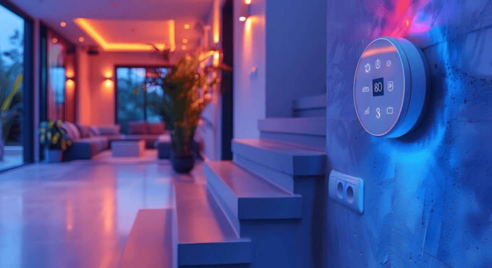 Smart home control panel on wall with colorful lighting.