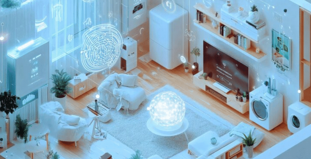 Futuristic smart home with glowing sphere and digital overlays.