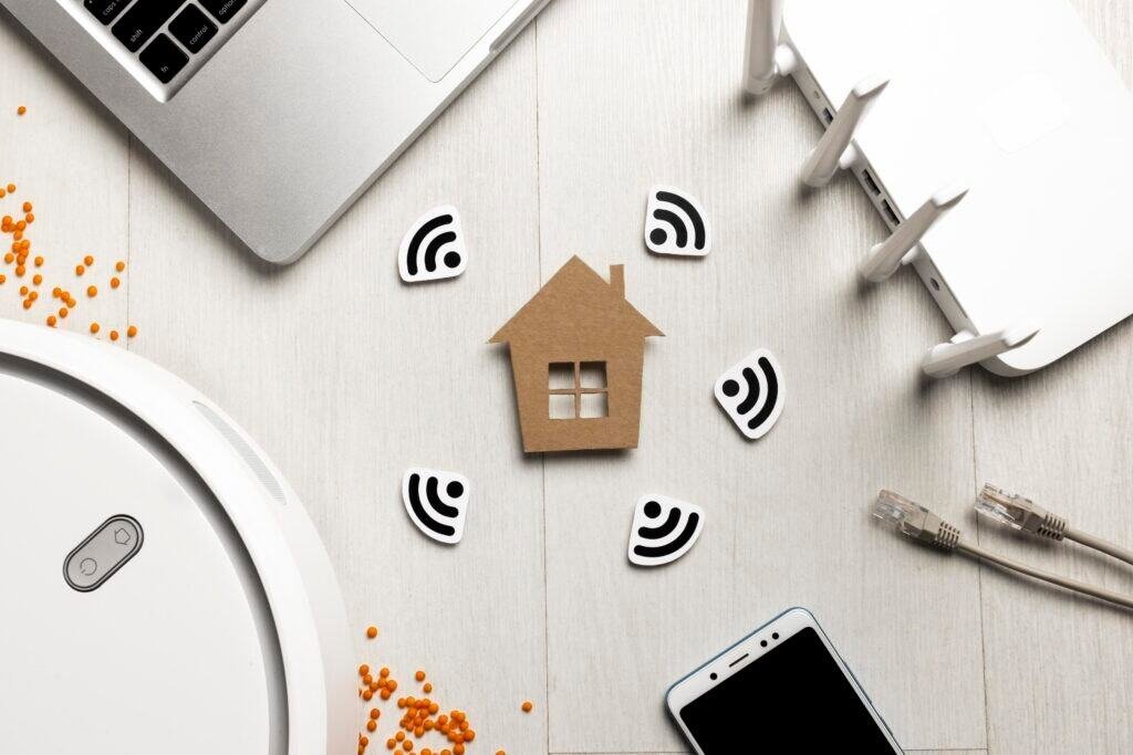 Overhead view of smart home devices and a cardboard house.